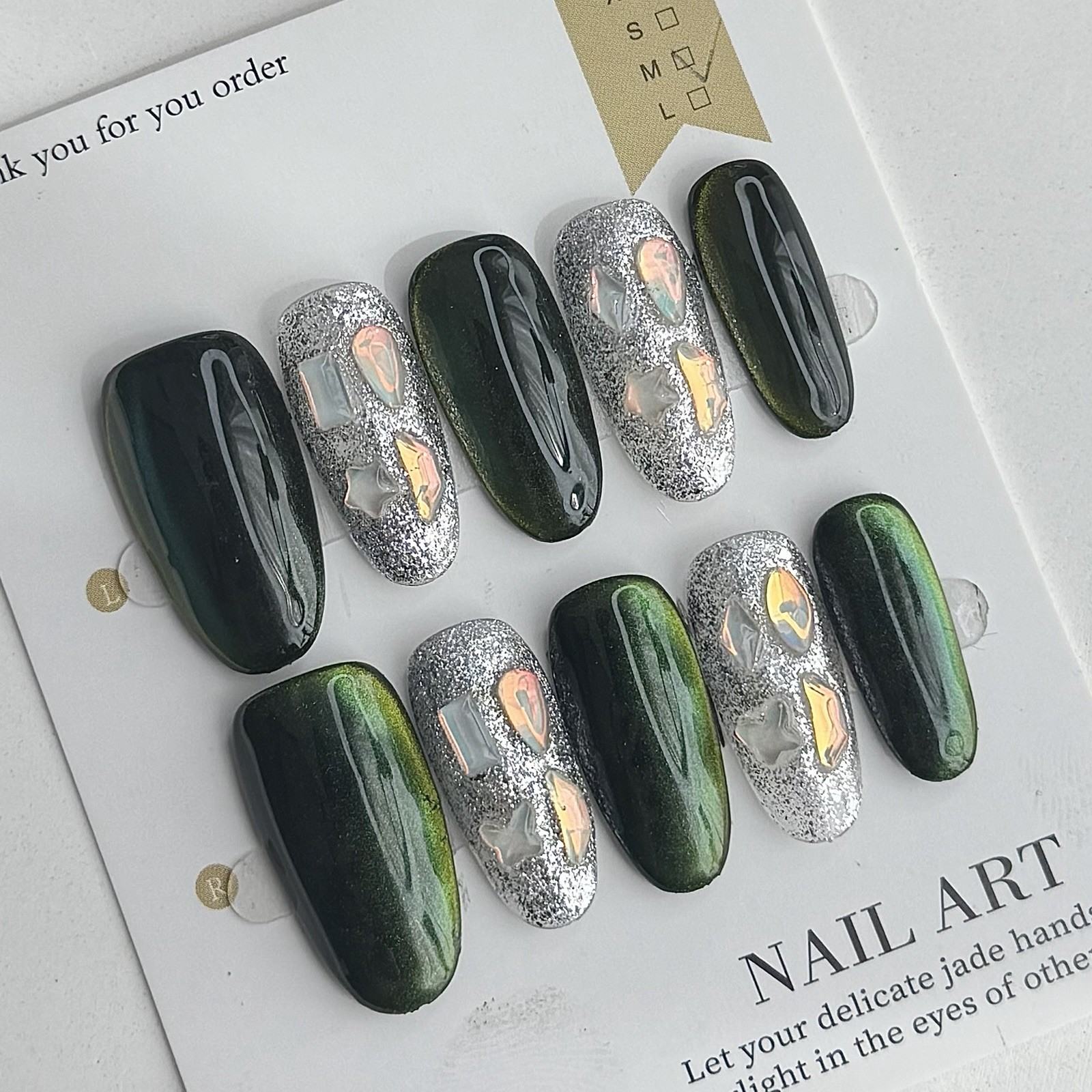 Handmade Dark Green Silver Rhinestone Press-On Nails Medium Oval Reusable