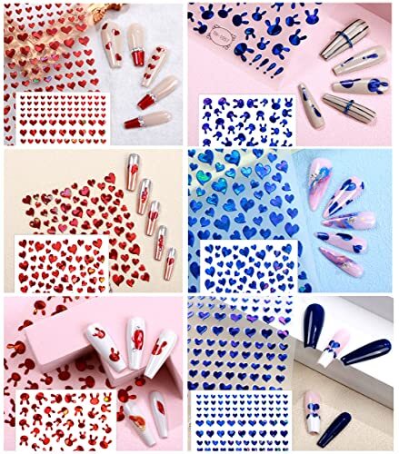 6 Sheets Heart Nail Art Stickers, Valentine’s Day Nail Decals 3D Self Design 20