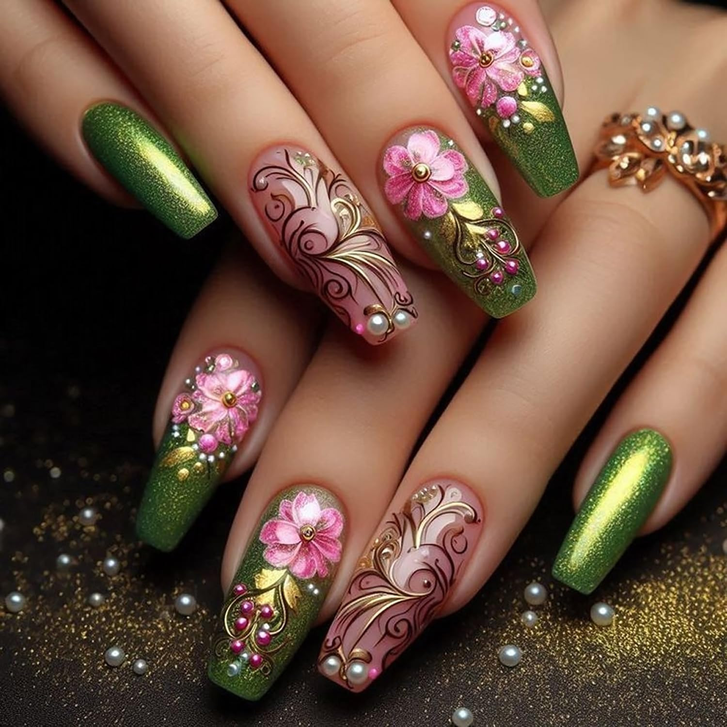 Rainbow Stripes Press on Nails Long Length Flower Love Heart Stripes Pattern Des