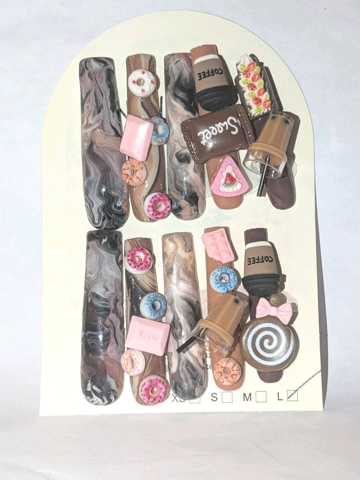 Hand Crafted 3Xl Java Marble Brown & Pink 3D Dessert Press-On Nails Sz Large