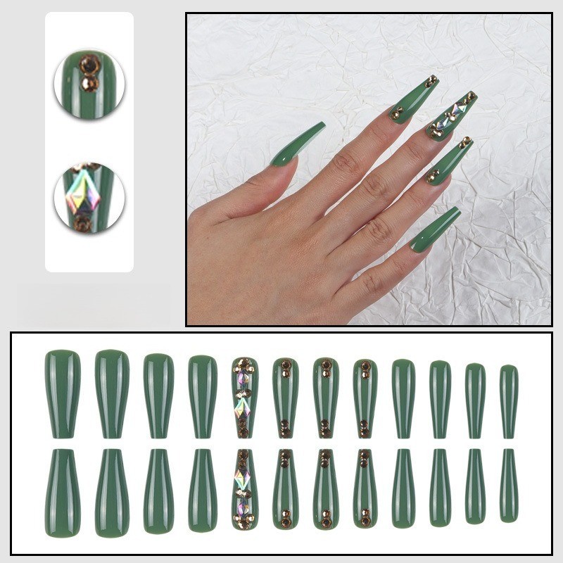 48pcs-Minimalist Green Stiletto Press on Nails with Gold Stud and Gem Accents