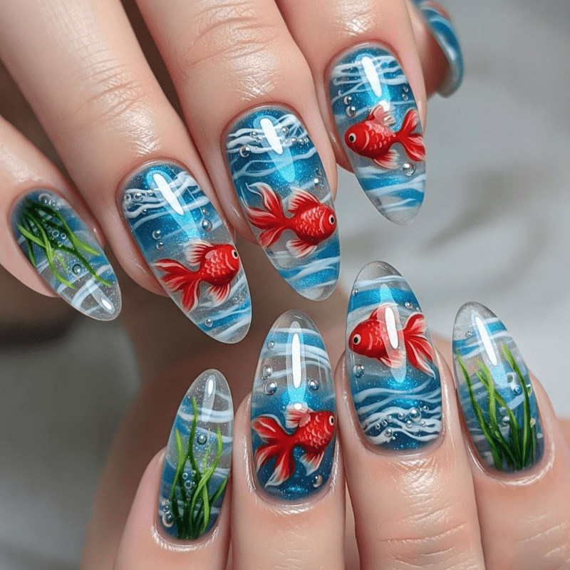 48 Pcs Blue Goldfish Press on Nails, Medium Almond 3D Aquatic Glossy Fake Nails