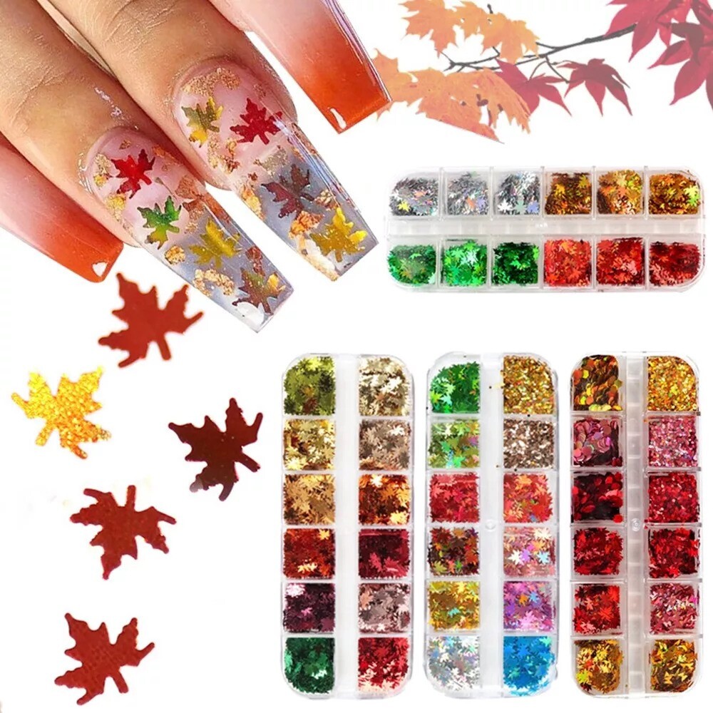 3D Nail Art Sticker Maple Leaves Glitter Flakes Nails Decoration Laser Sequins