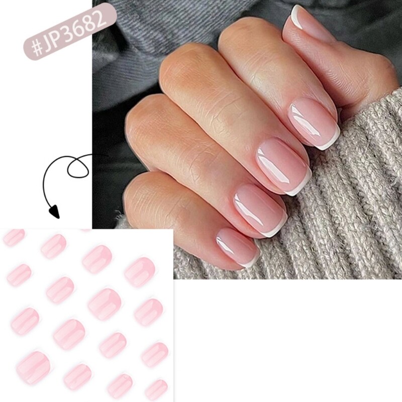 24 Pieces Pink Glossy French Tip False Nail Short Square Design for Women Girls