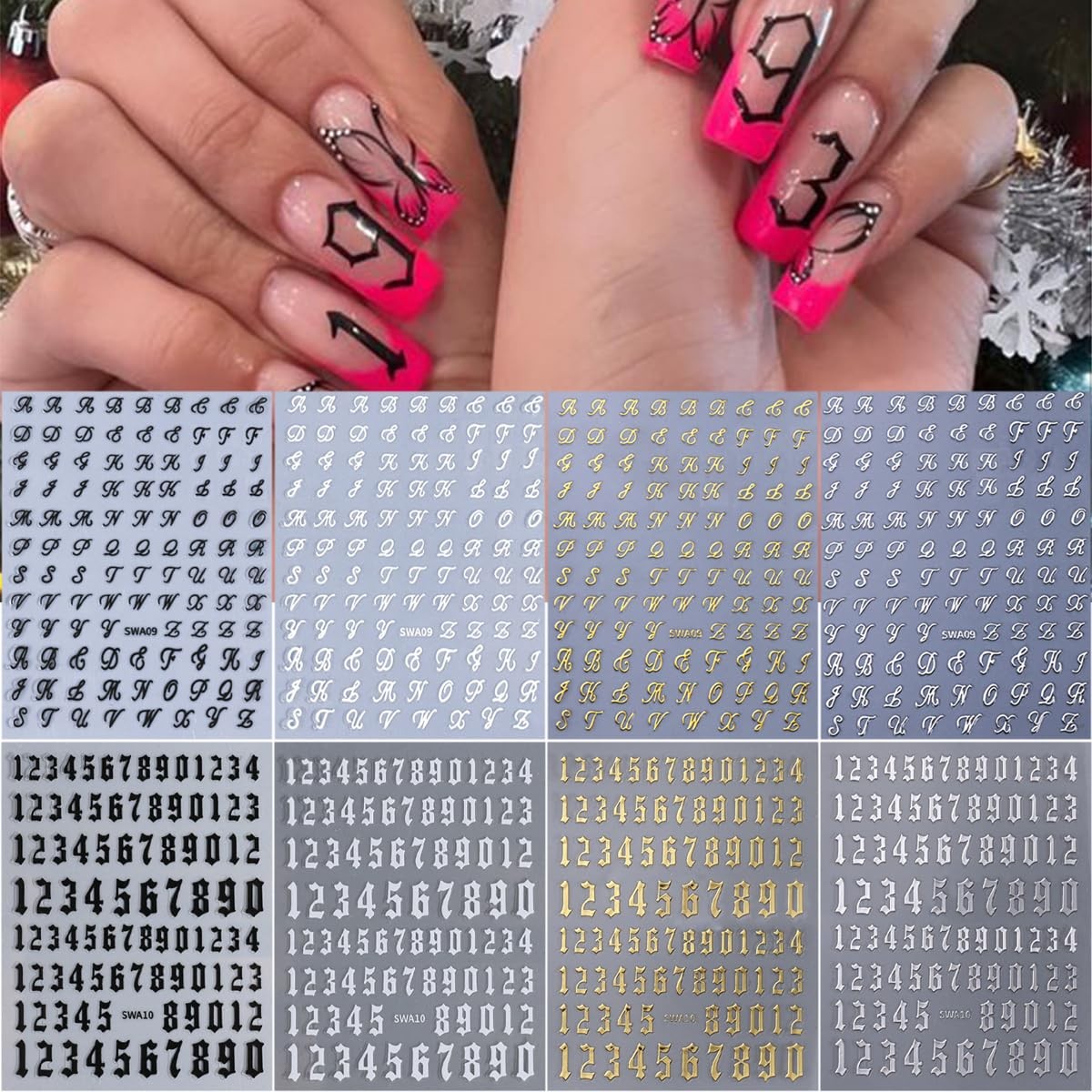 8 Sheets Old English Letter & Numbers Nail Stickers 3D Self-Adhesive Personal…