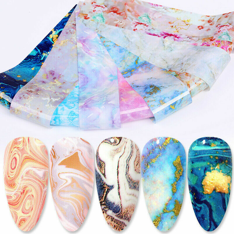 Nail Stickers Transfer Color Decals Nail Art Decor Tips Marble Flower 10Pcs Foil