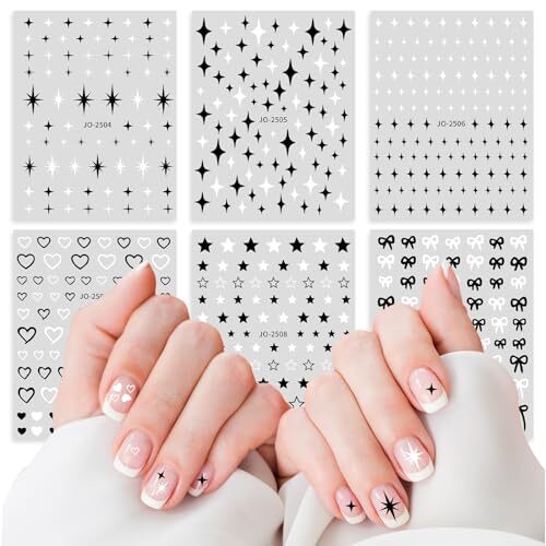 6 Sheets Star Nail Stickers, Black Nail Stickers for Nail Art, Star Heart Bows