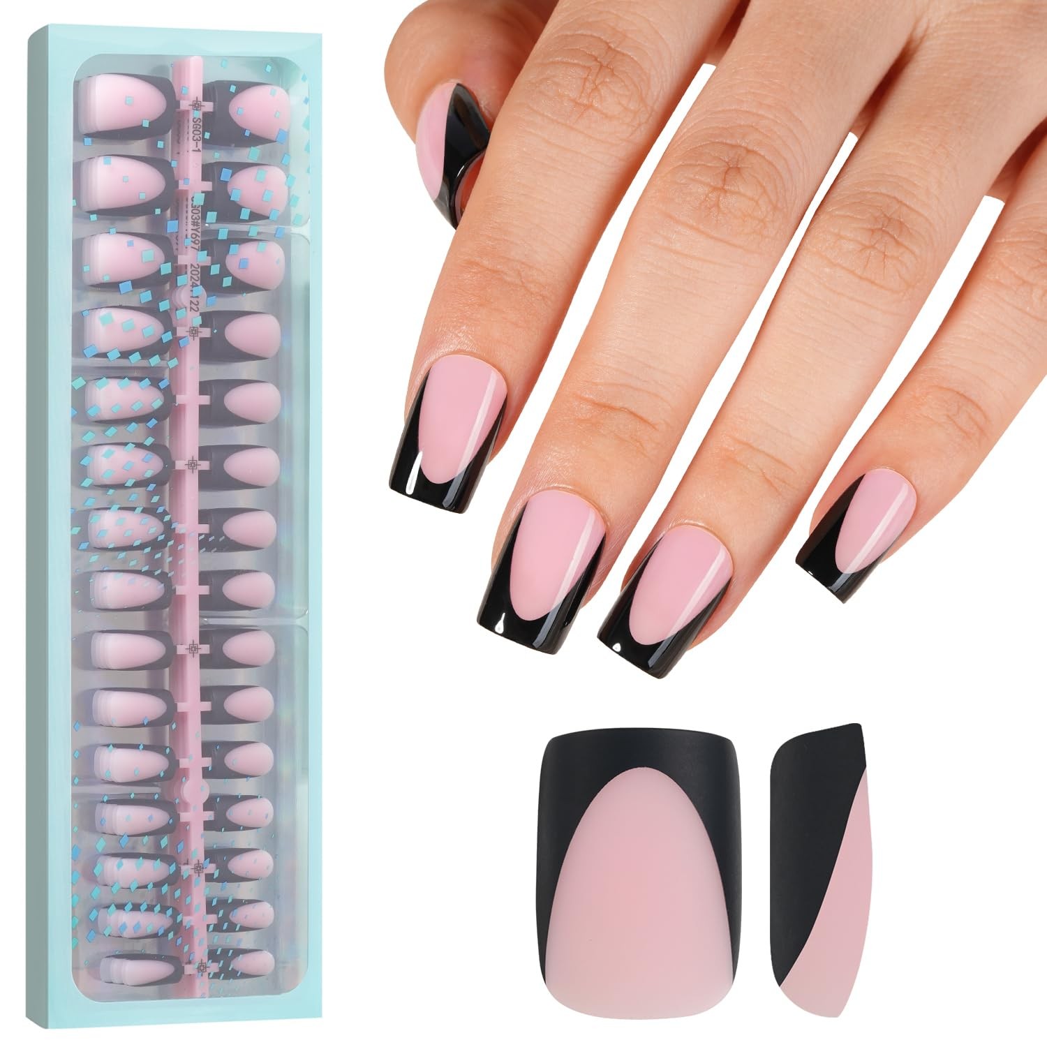 Pink Deep French Gel Nail Tips, 150Pcs Short Square Soft Gel Nail Tips Black,…