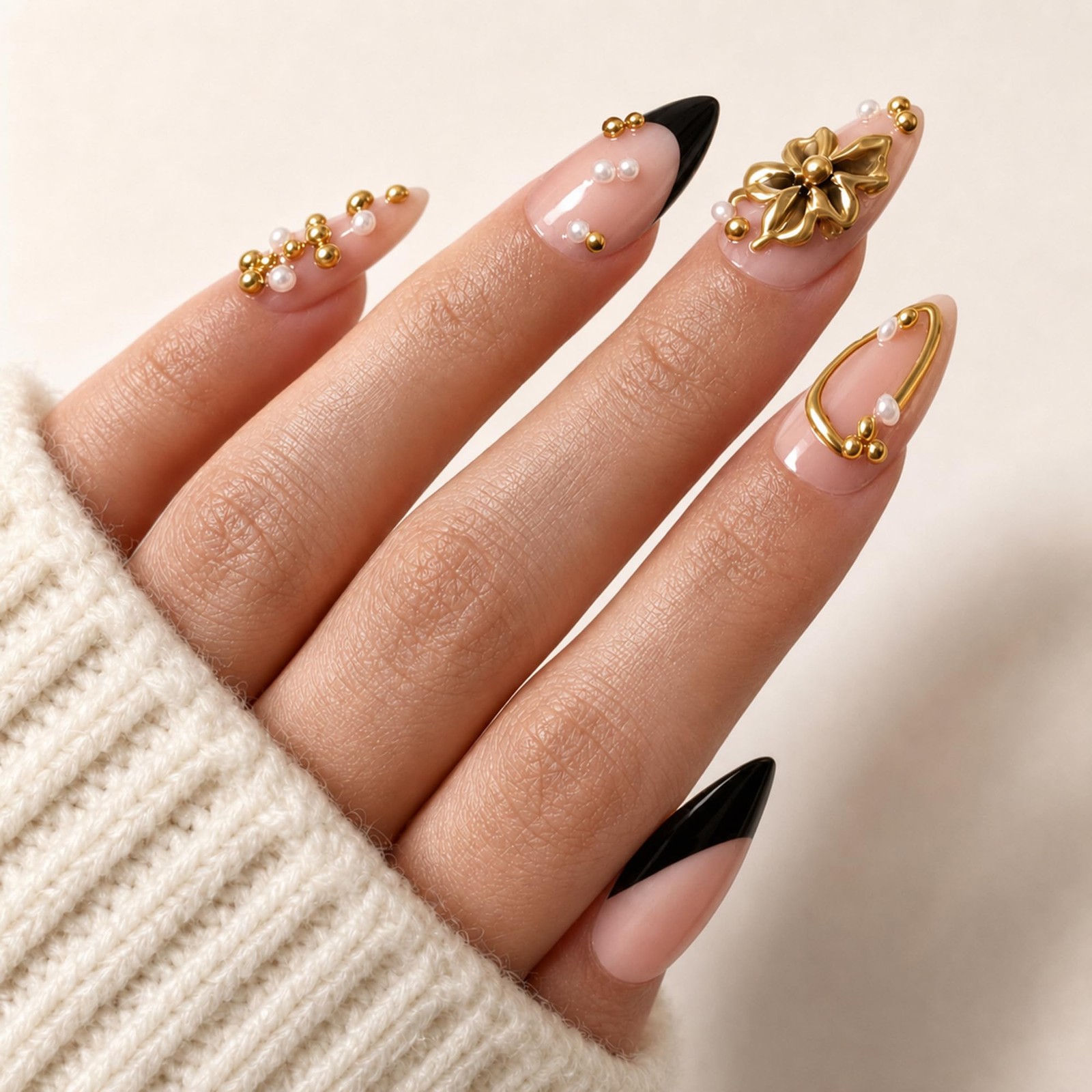 XIXISUNN Medium Almond Press on Nails, Black French Tip with Gold & Pearl
