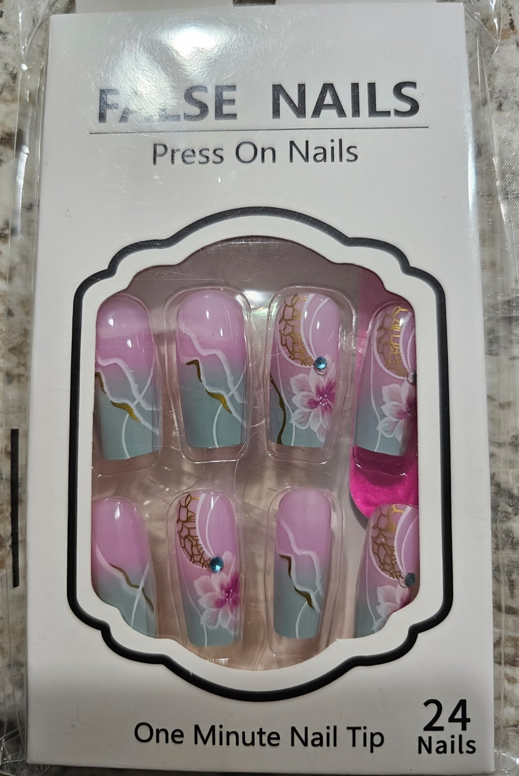 24pcs Set Of Long Square Purple Gradient Press-On Nails With Floral Design