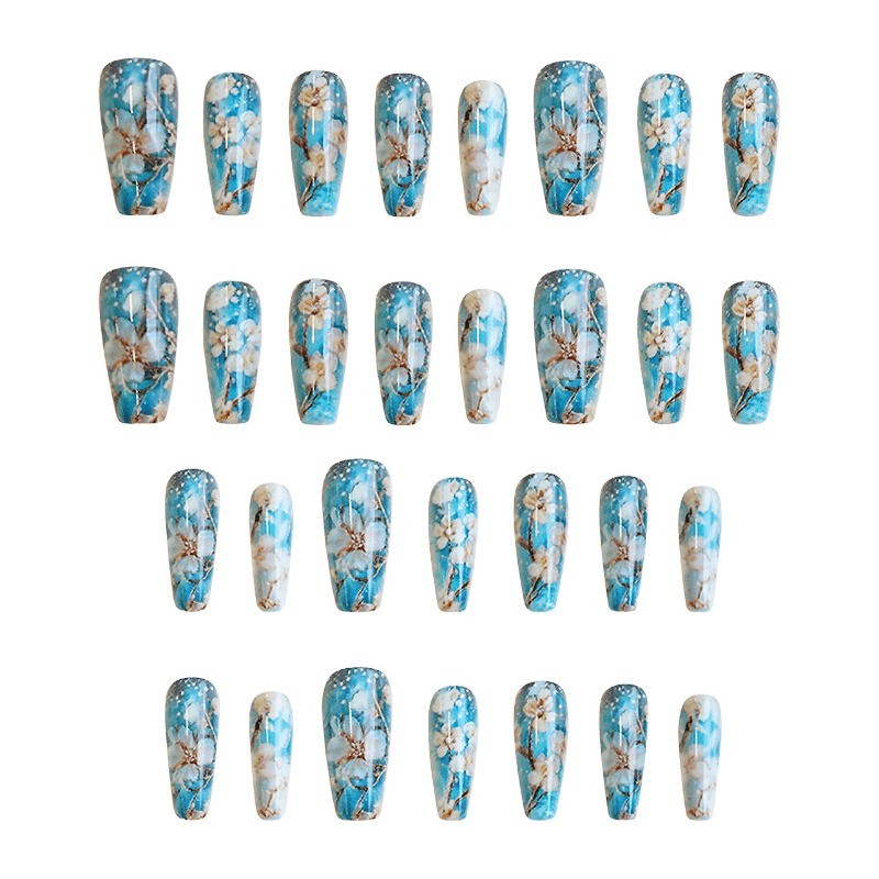 48 Pieces of Blue Glazed Gold-plated Plum Blossom Fake Nails, Removable Nail Art