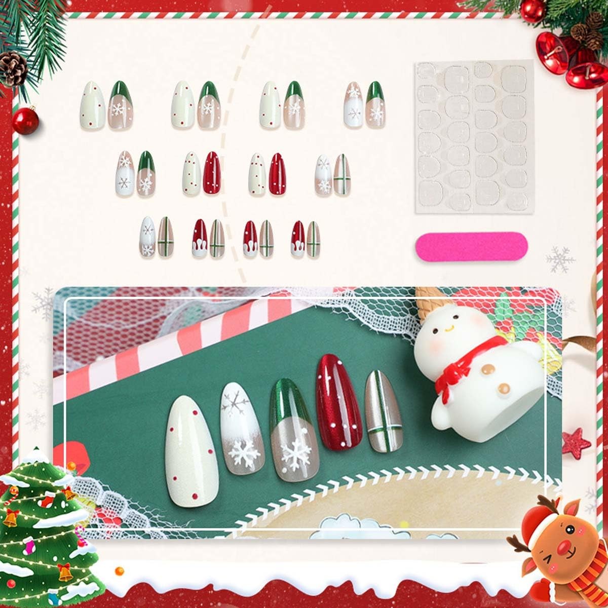 24Pcs Christmas French Tip Press on Nails Medium Almond Snowflake Fake Nails …