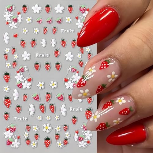 4Pcs Flower Nail Art Stickers Decals 5D Embossed Floral Strawberry strawberry