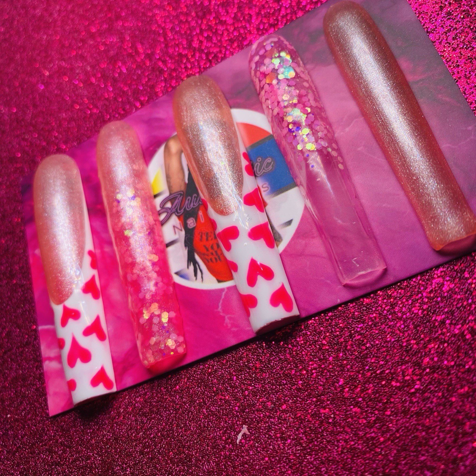 Authentic Nail Arts by Dia Square Press-On Nails Long Pink Hearts Glitter