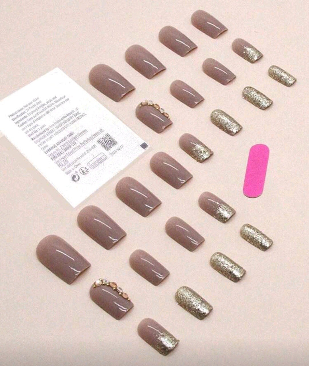 Press-On Nails Tan Taupe Brown 3D Rhinestone Accents Medium Coffin Shape