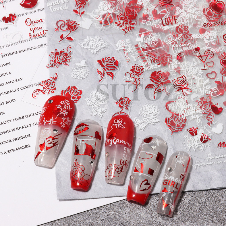 3D Nail Art Stickers Red White Mr & Mrs Rose Heart Kiss Valentine Bride NH11