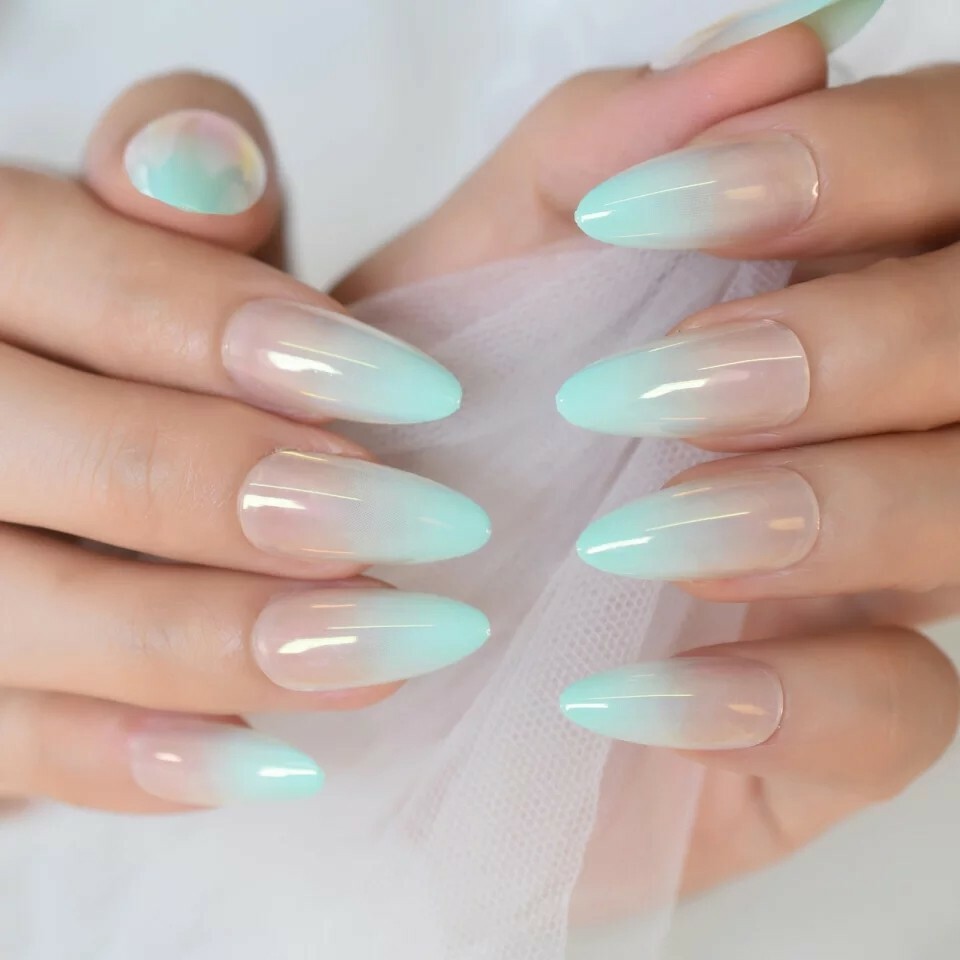 24 Ombre Mint Green Press On Nails w/ Glue Nude pointed almond stiletto ethereal