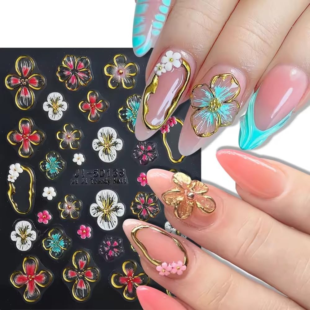 Flower Nail Stickers for Nail Art, 5D Embossed Hibiscus Nail Decals Pink White L