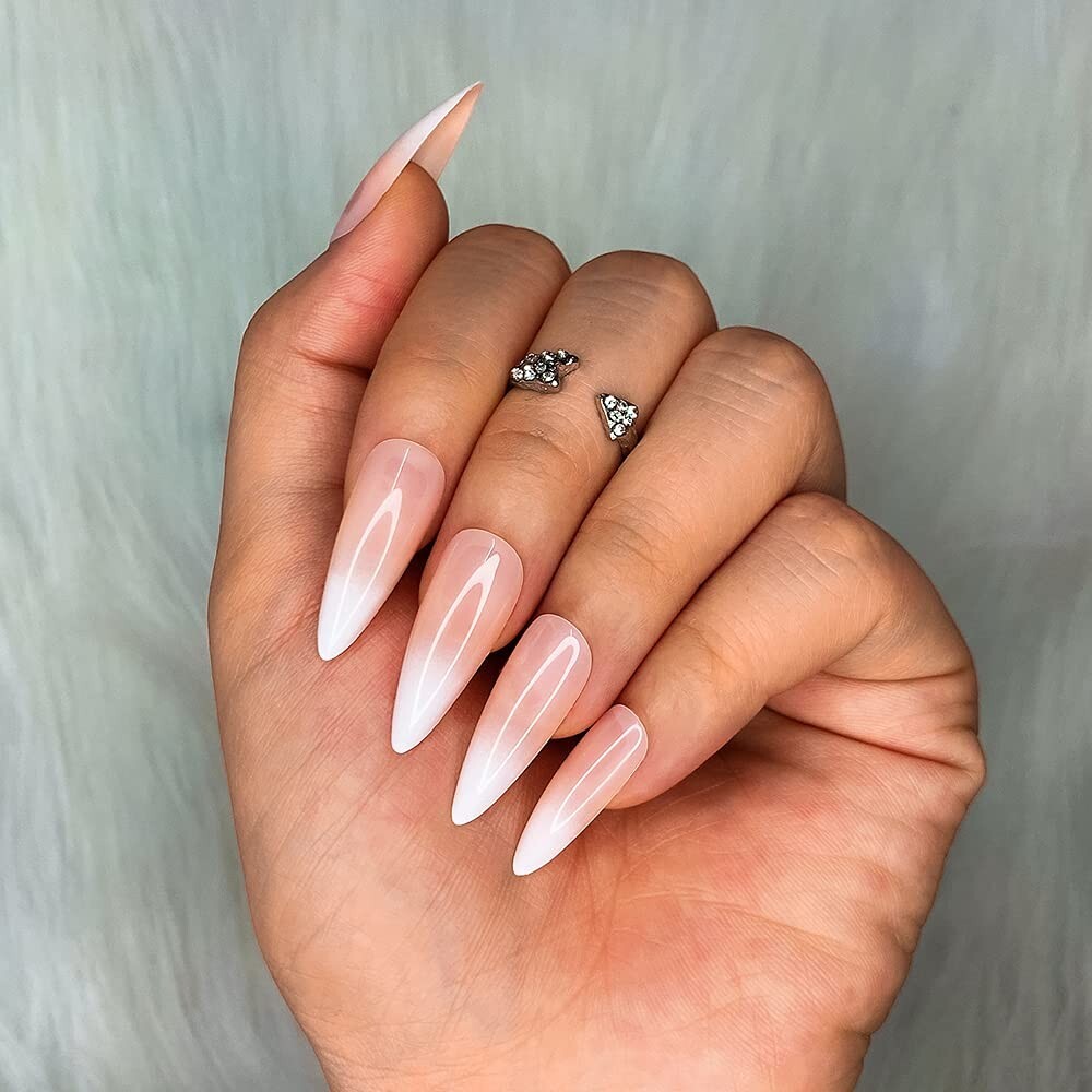 French Ombre Fake Nails – Medium Long Stiletto Almond Press on Nail Tips – 24pcs