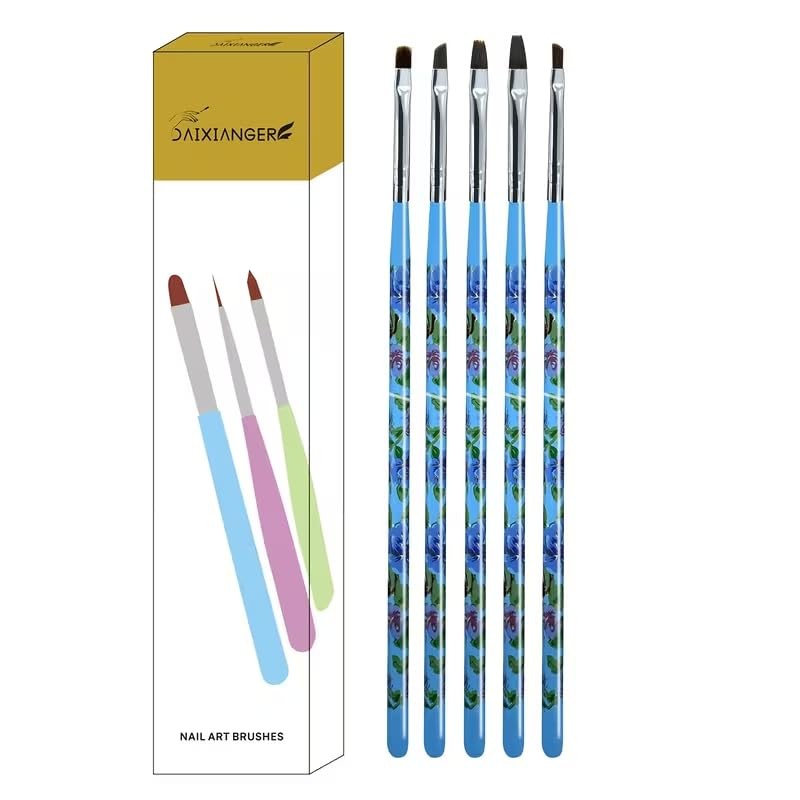 5Pcs UV Gel Nail Brush Set, Floral Handle Flat & Angled Nail Art Brushes, Blue