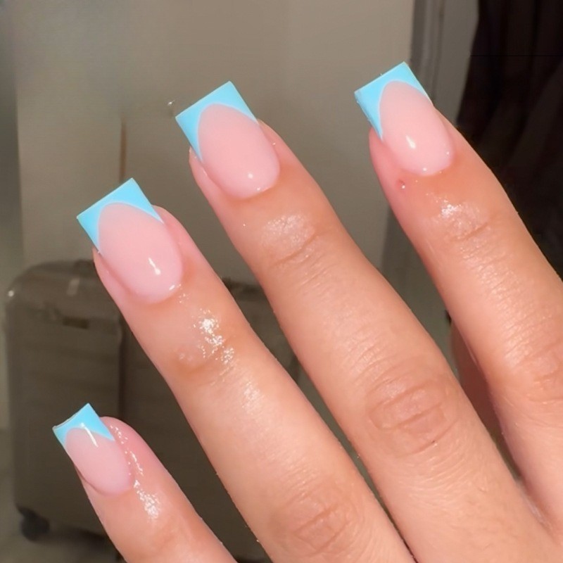 48pcs-Nude Pink & Light Blue French Press on Nails, Short Square Glossy Finish