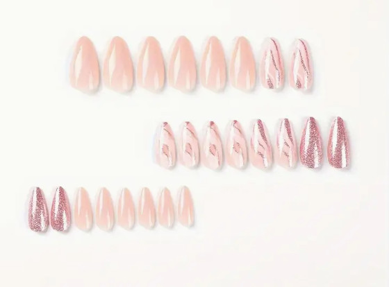 24 Pieces Press-on Nails -Long Almond Glossy Lt Pink Marble & Rose Gold Glitter