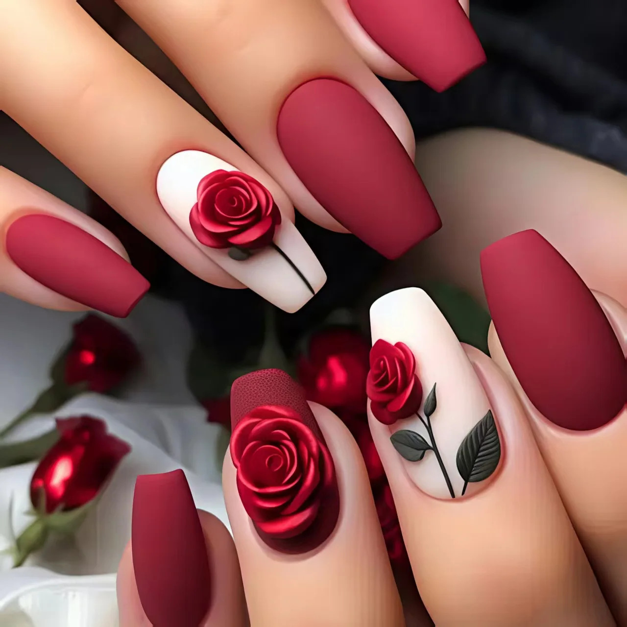 24pcs Black Almond Red Heart Rose Press On Nails