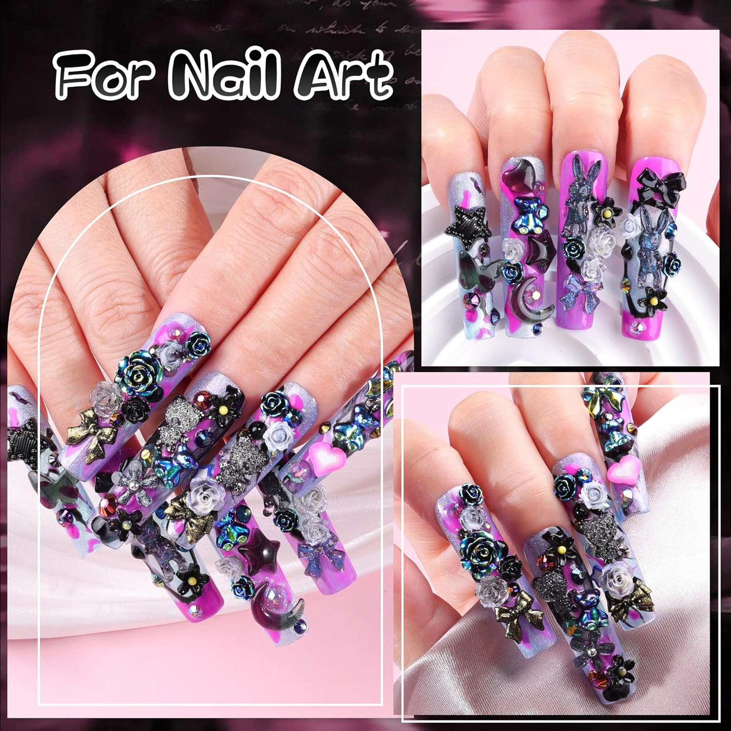 1500Pcs 3D Black Nail Charms for Acrylic Nails, Resin Butterfly Flower Star Hear
