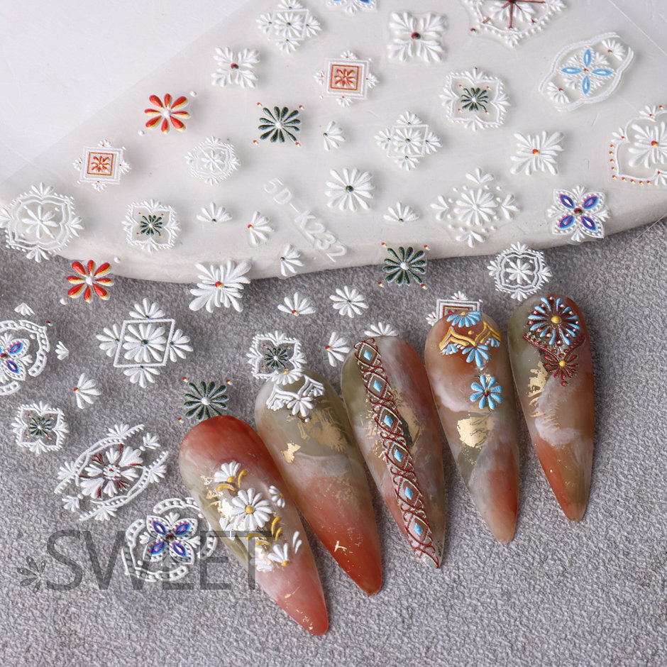 5D Embossed Bohemian Flowers Nail Art Sticker Decals Slider Self Adhesive NH23