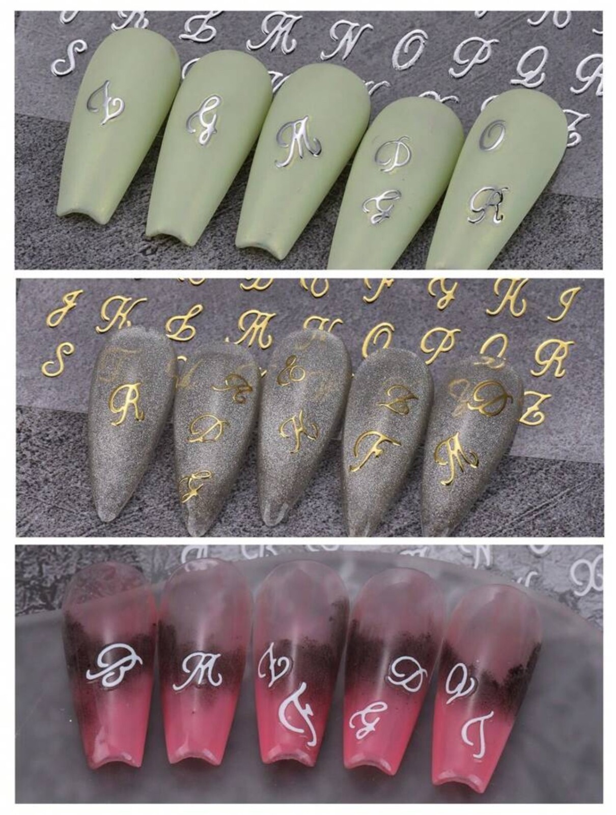Nail Art Stickers Decals English Alphabet Letters Rose Gold Silver Black SWA09