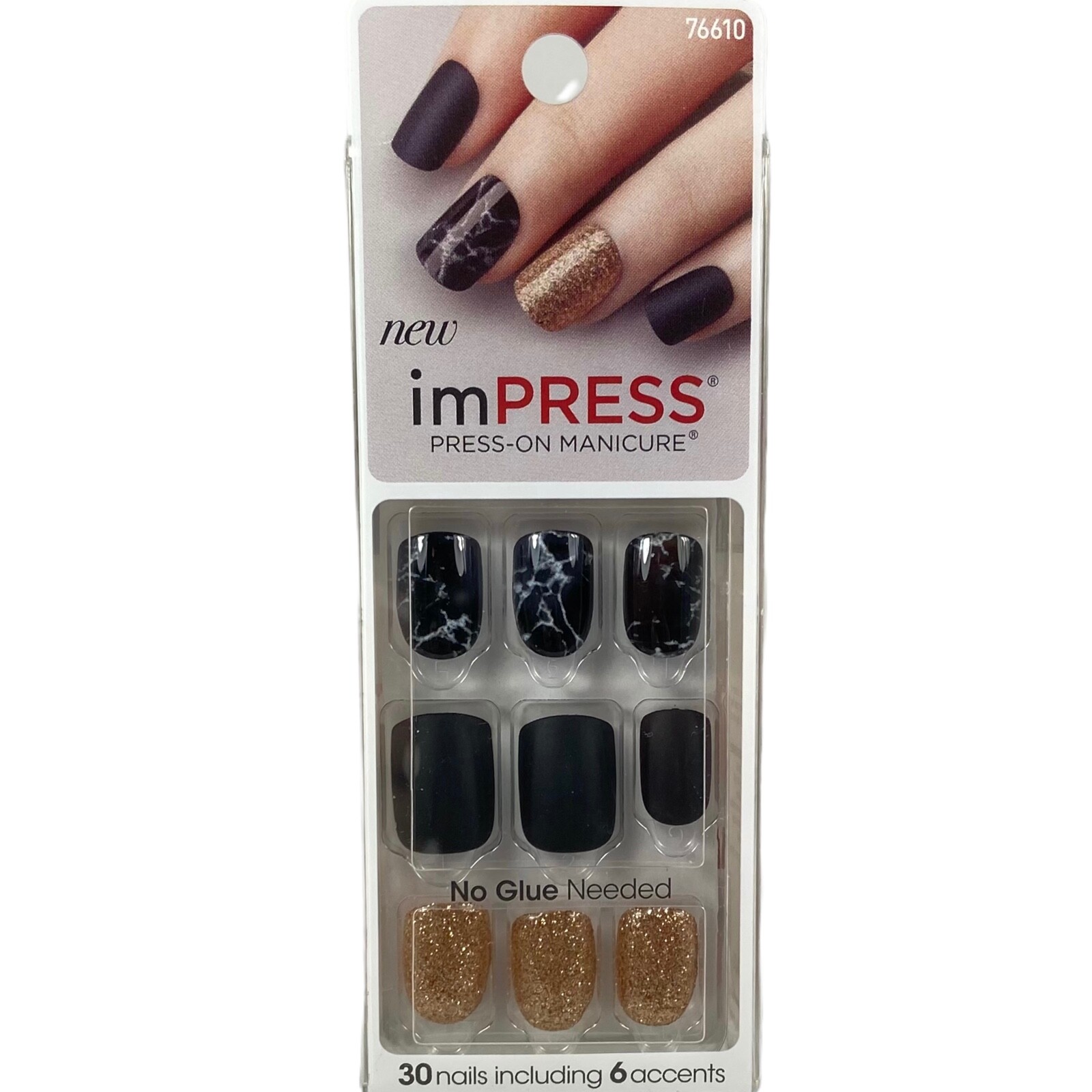 NEW Kiss Nails Impress Press On Manicure Short Gel Black Marble Gold Glitter
