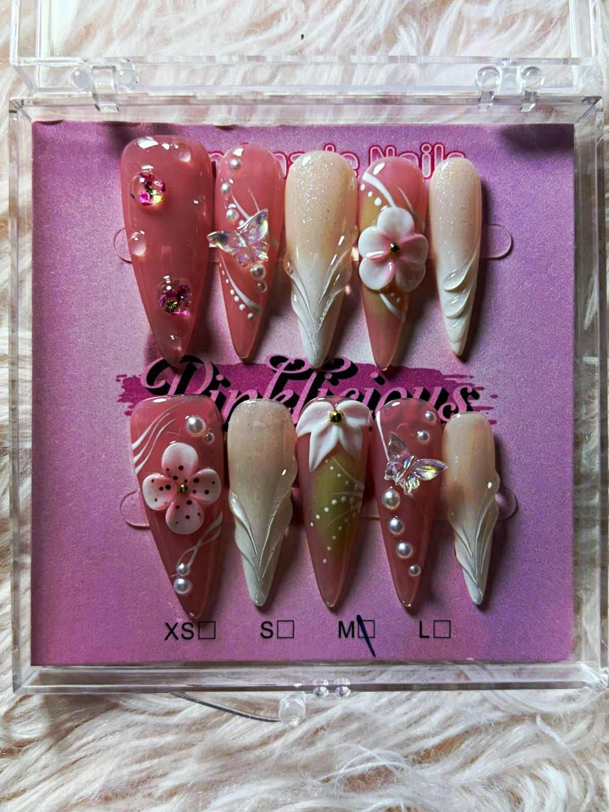 Long Stiletto Press-On Nails Pink/White 3D Flower Acrylic Full Cover Set