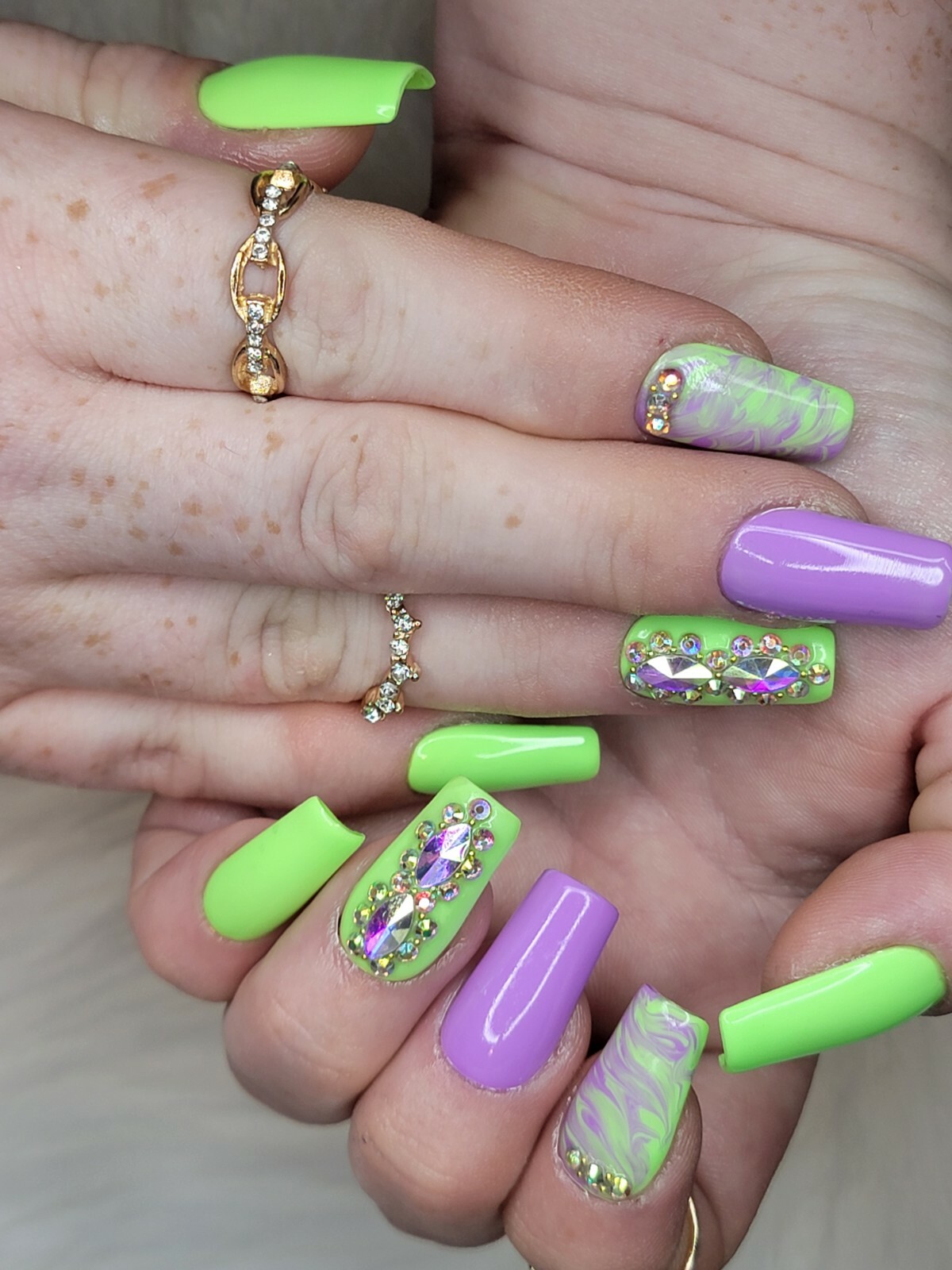 Green & purple marble bling press on nails square watercolor spring pastel nail