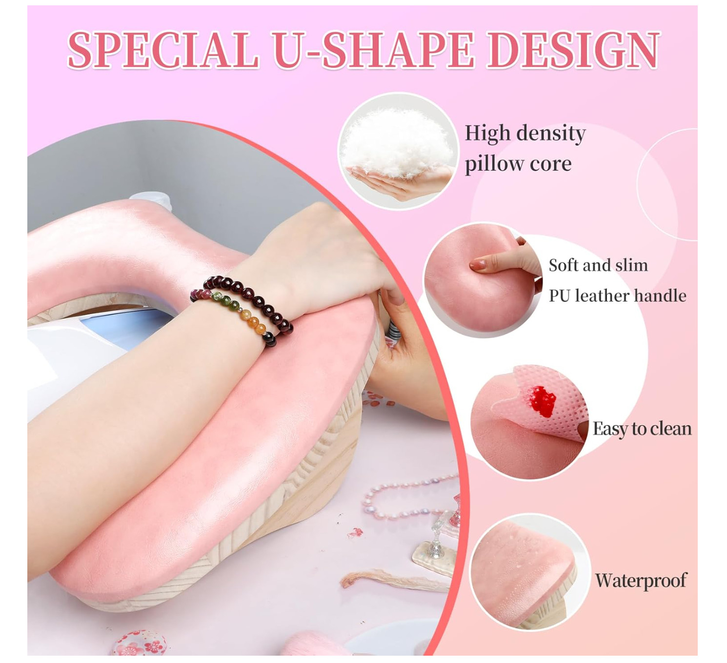Arm Rest for Nails Tech, U-shaped Manicure Nail Arm Rest Stand (Pink)