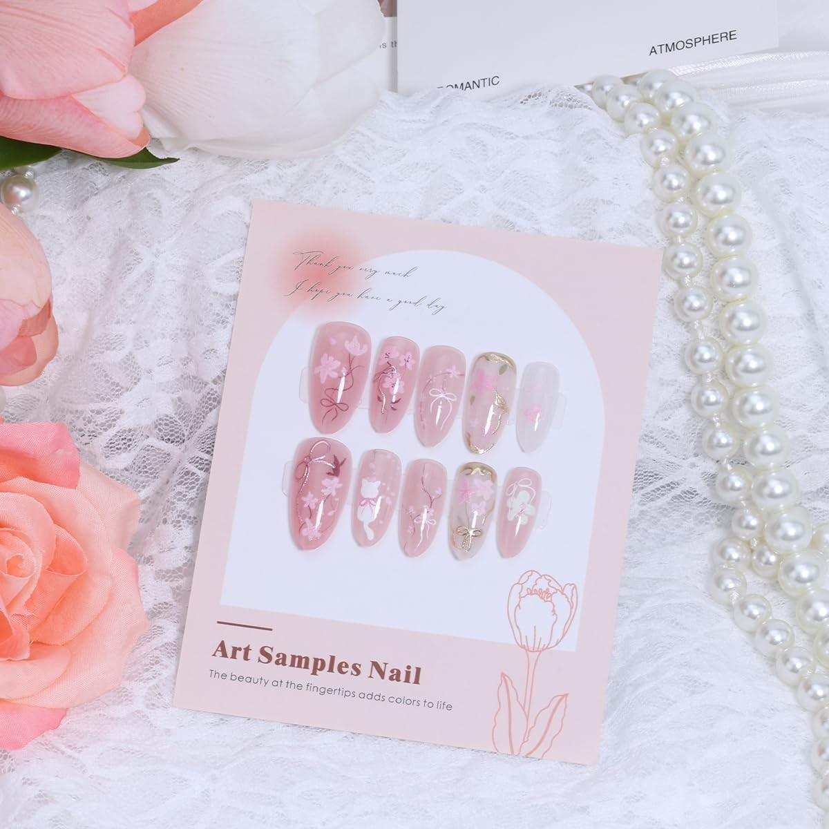 30Pcs Pink Flower Press on Nails – Gorgeous Almond Shape with Bow Design