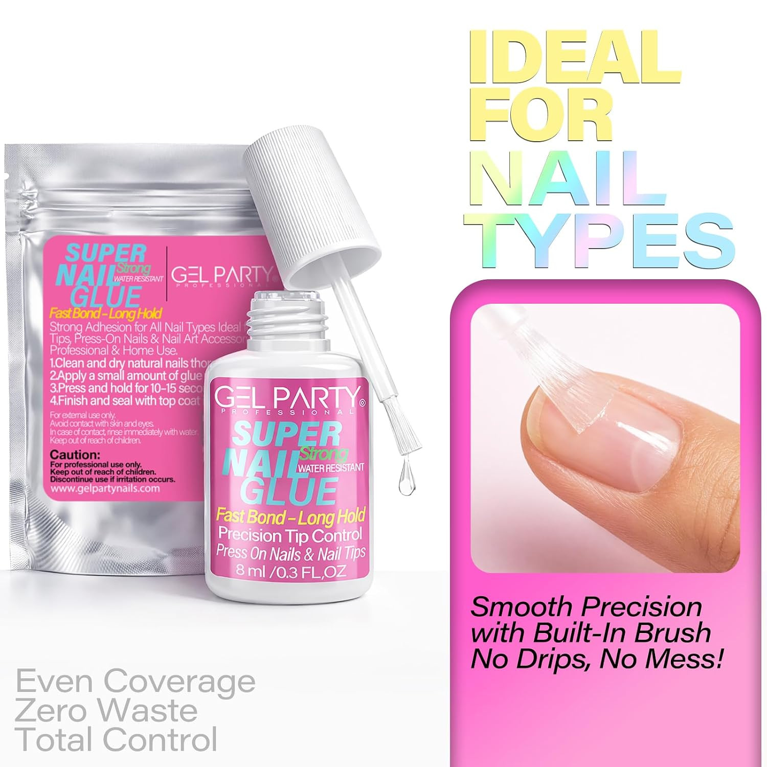 GELPARTY (8Ml) Super Strong Brush on Nail Glue for Press on Nails & Tips – Quick