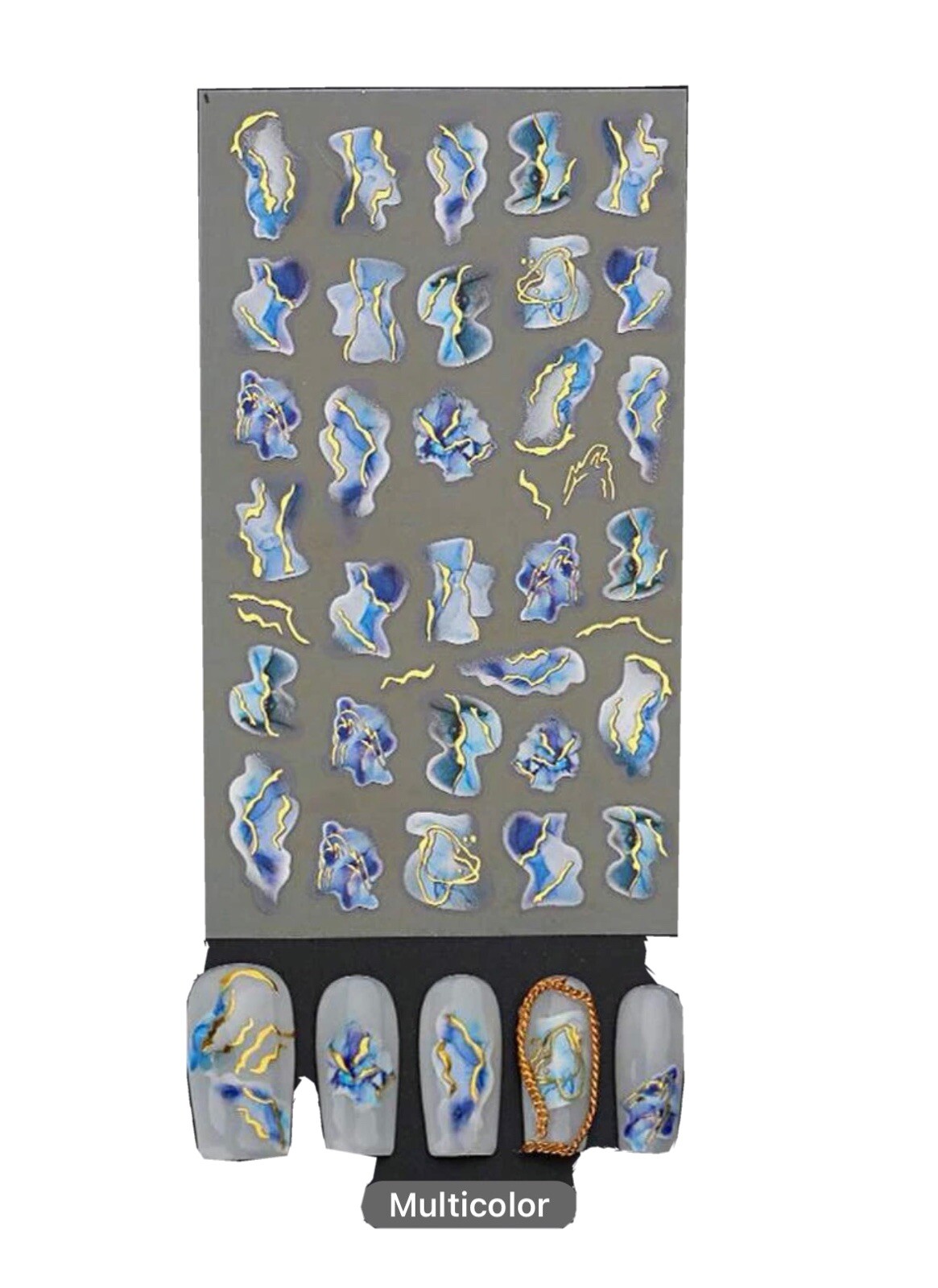 Nail Art Sticker Decal 3D Acrylic Blue Ink French Lines Marbles Golden Wave NS43