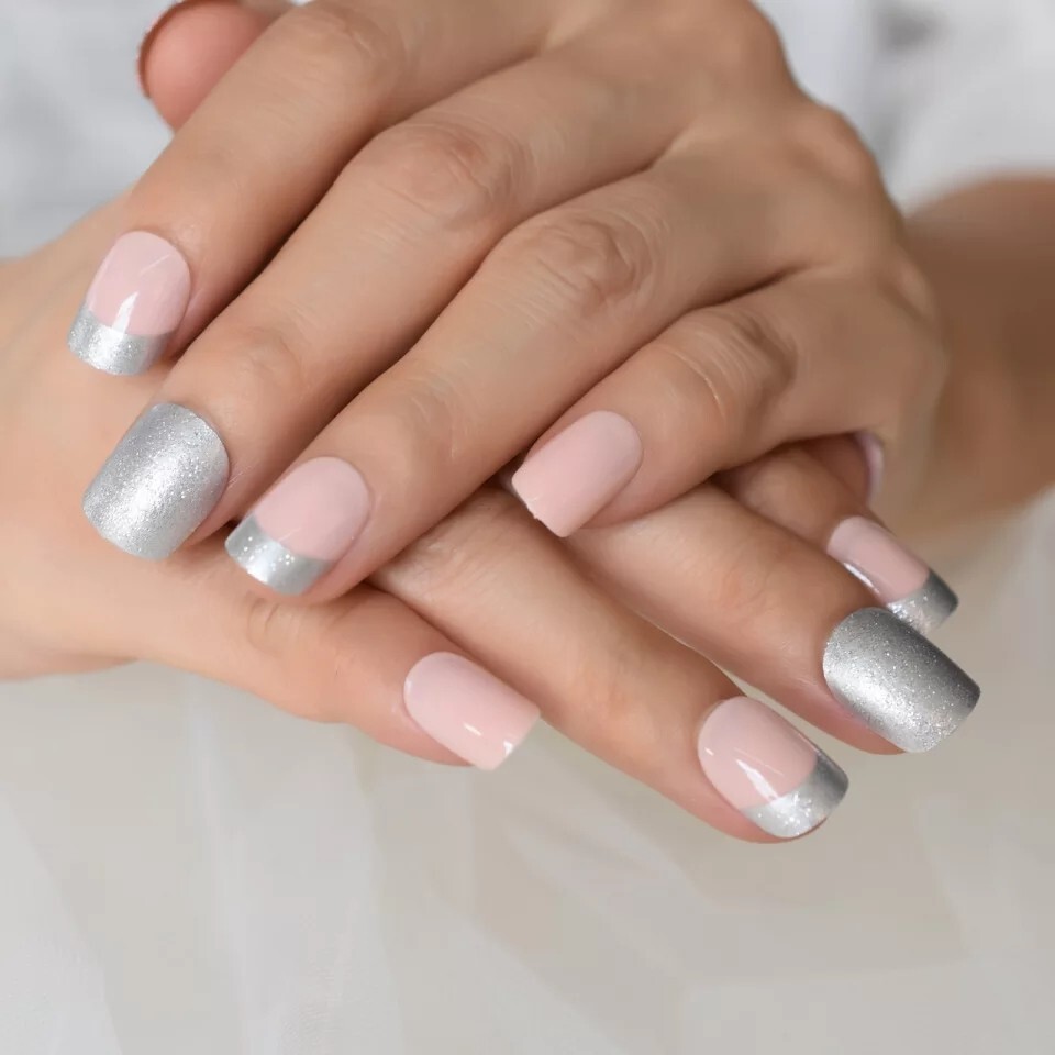 24 Unique Short Pink gray silver glitter Press on nails glue on light pastel