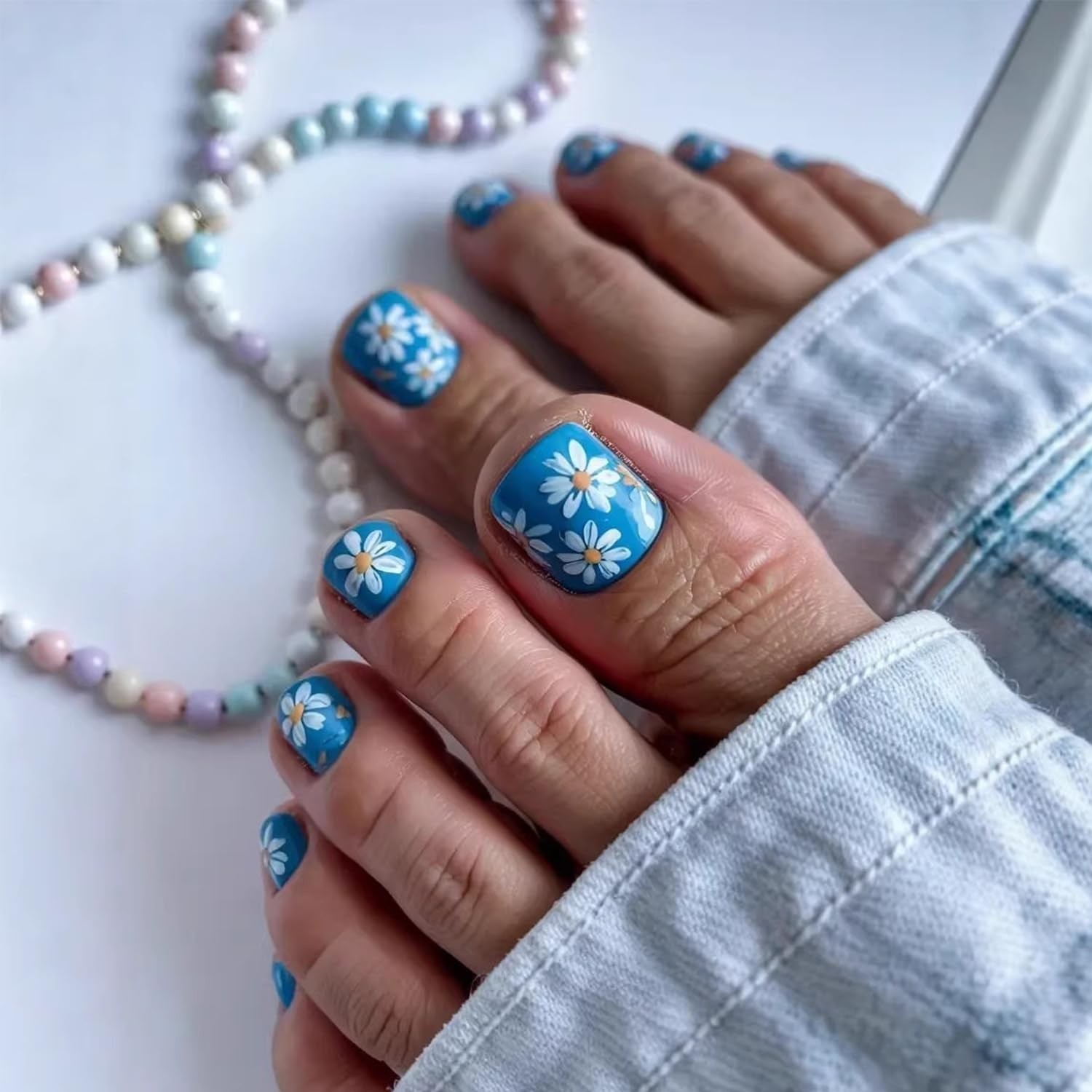 Blue Press on Toenails Short Square Fake Toe Nails Floral False Toenail