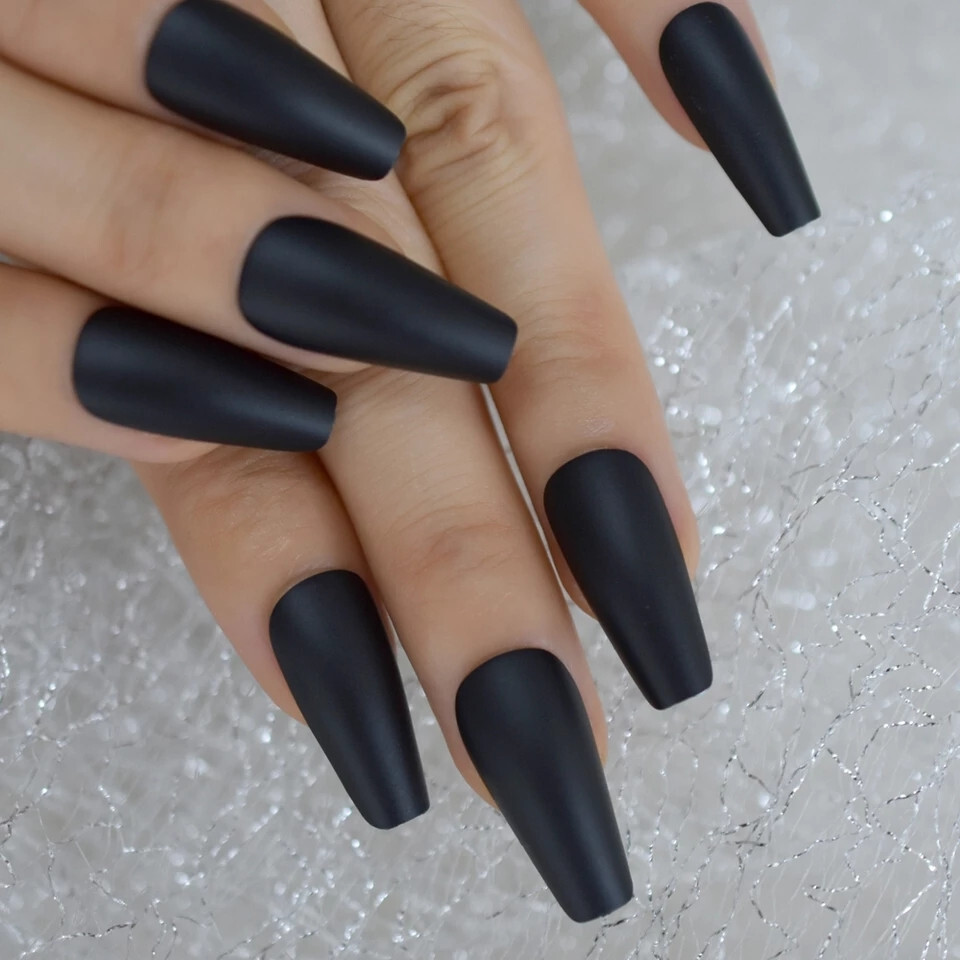 24 Press on nails kit w glue Long Coffin Matte black edgy goth