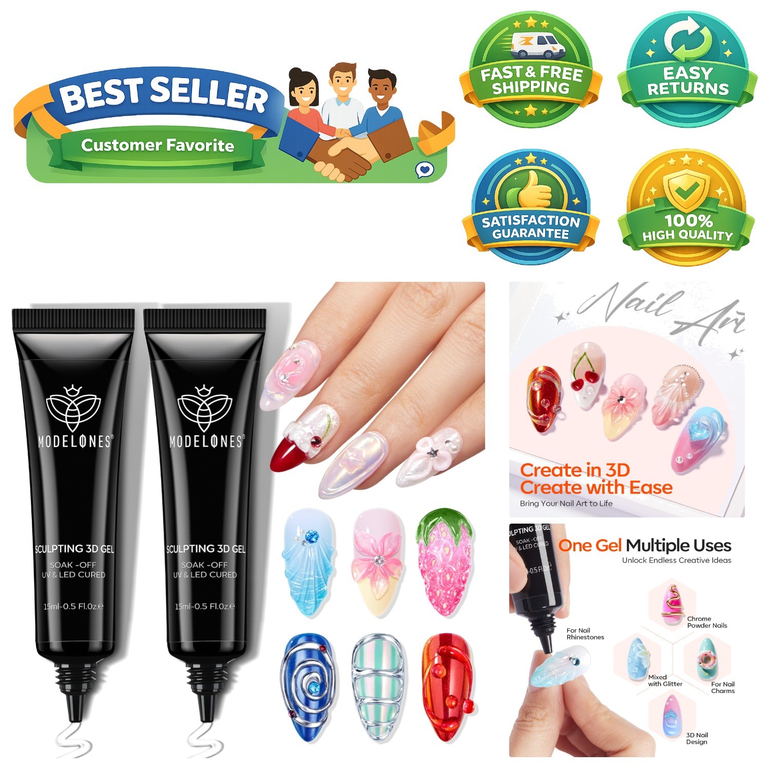 2Pcs Clear 3D Gel Nail Art: No Wipe Sculpting Builder for Salon Excellence