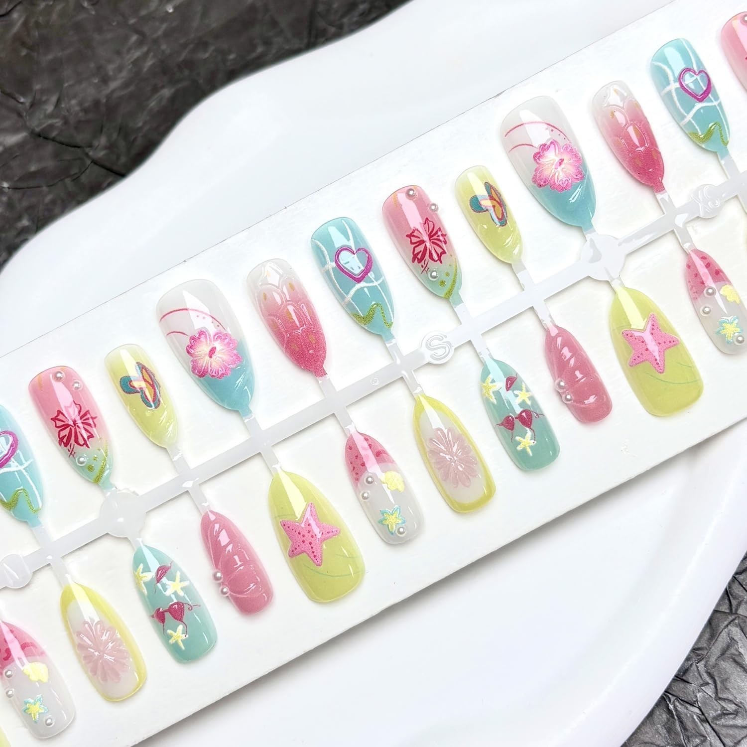 Colorful Press on Nails Summer Beach Painted Fake Nails with 3D Pearl Flower …