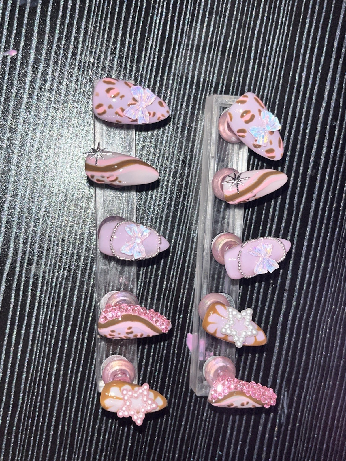 Press-On Nails Set Pink Brown White 3D Glitter Floral Long Coffin Full Cover