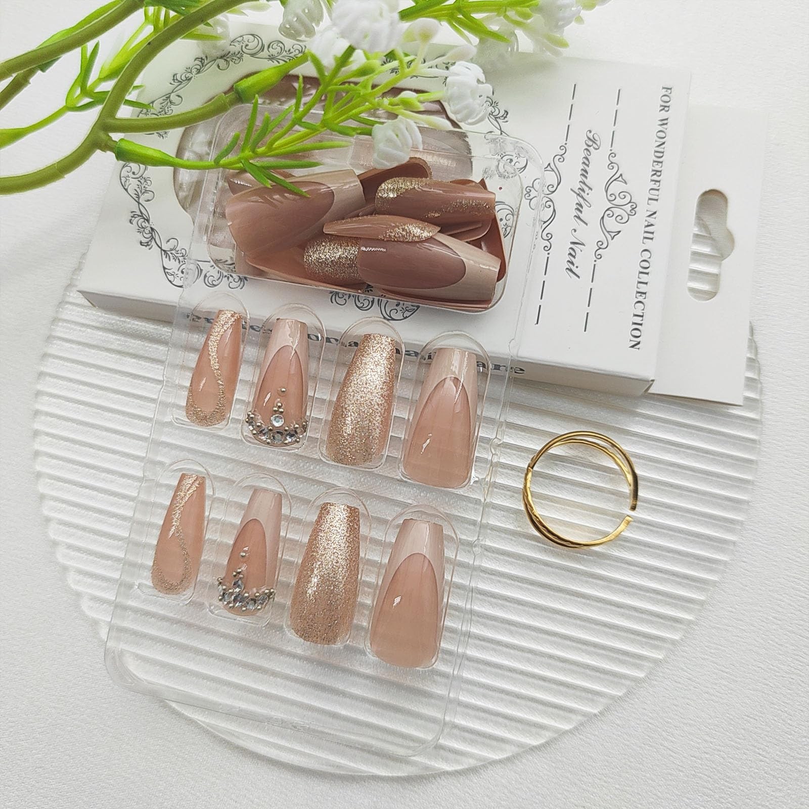 French Tip Press on Nails Medium Fake with Medium, gold brown nude