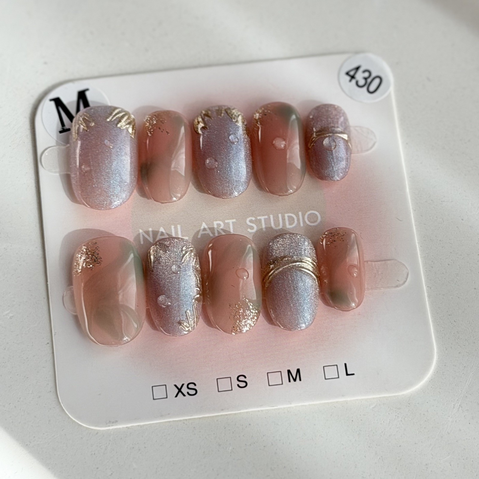 Handmade Enamel Cloisonné Press-On Nails Short Oval Size M False Nail Reusable