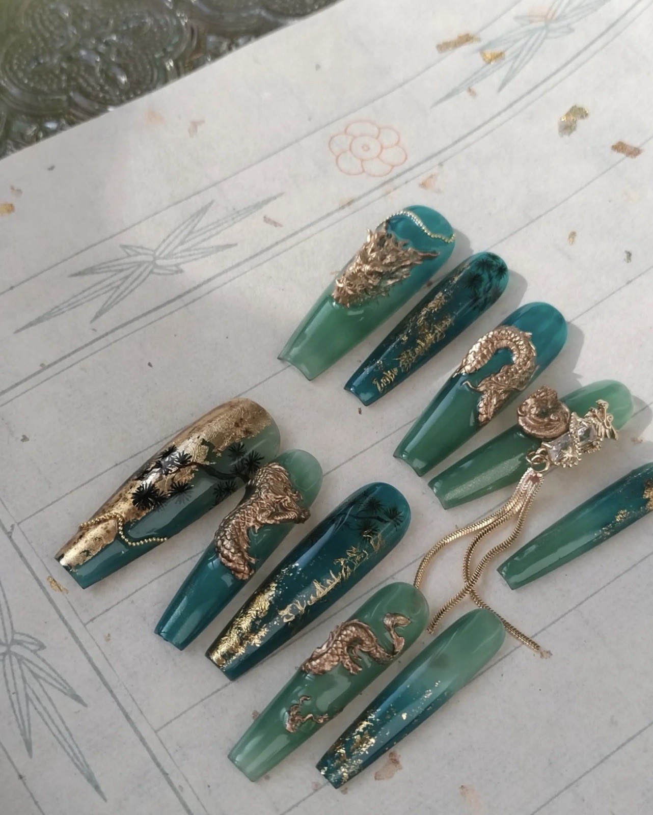 Green Gold 3D Dragon Coffin Press-On Nails Set Long Full Cover Acrylic Shiny.