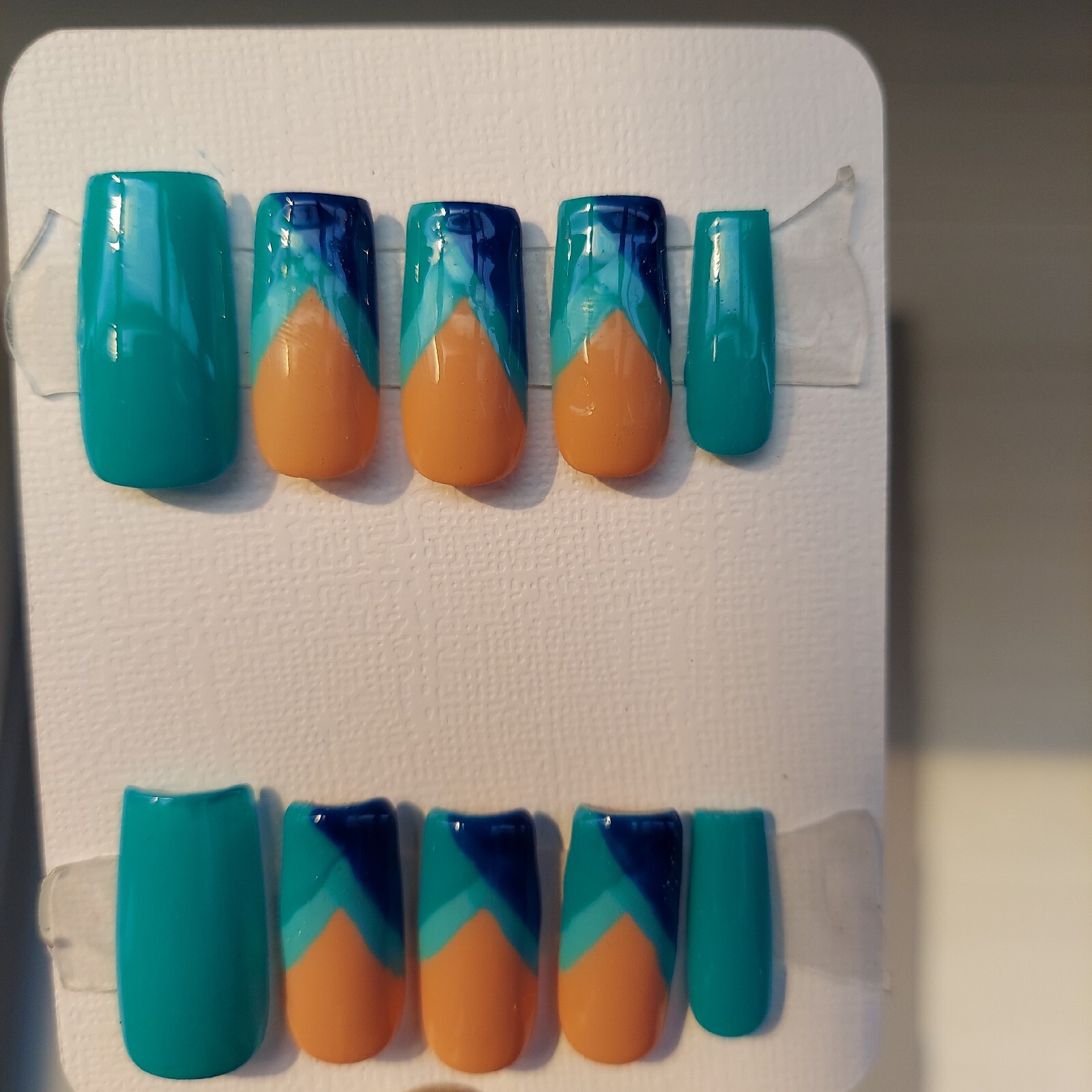 Blue Teal Turquoise Green Medium Long Square Press on Nails