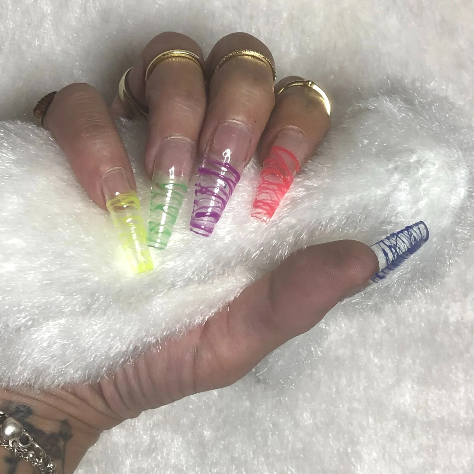 Long rainbow glow in the dark tips- Press on nail set- Size 0-8, Ex-long Balleri