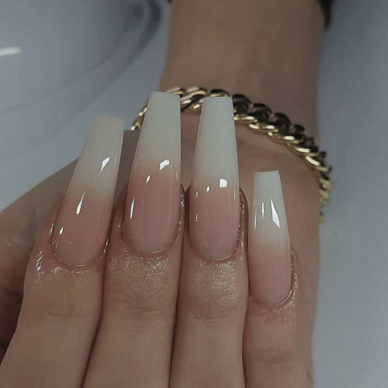 48Pcs-Milky White Nude Gradient Glossy Extra Long Coffin Daily Press on Nails