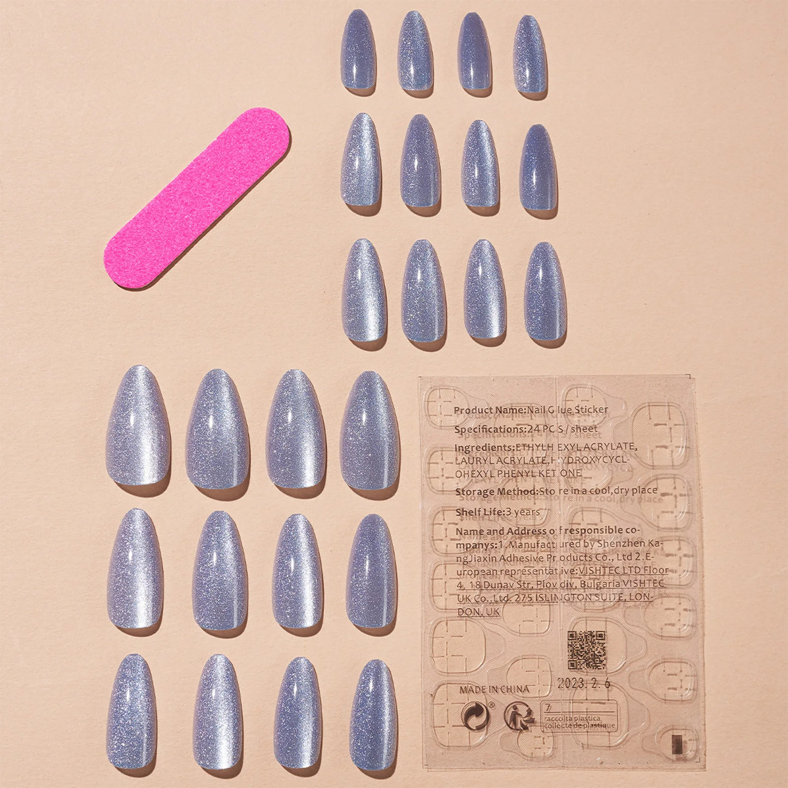 24pcs Purple Cat Eye Almond Long False Nails Glitter Shiny Nail Patch